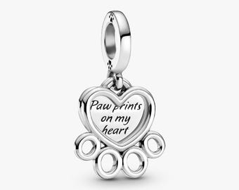 Charm Bracelet Bead, Hearts Paw Print Dangle Charm, Hearts Paw Jewelry, Hearts Paw Print Jewelry, Paw Print Jewelry, Print Dangle Jewelry