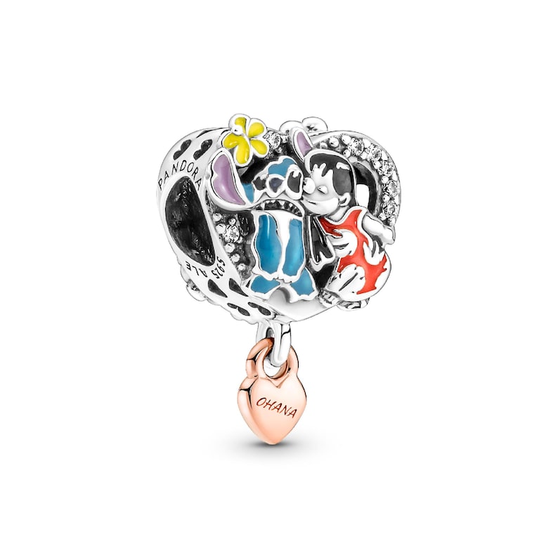 A charm in the shape of a heart with a pendant, featuring a character from the Disney movie "Stitch".