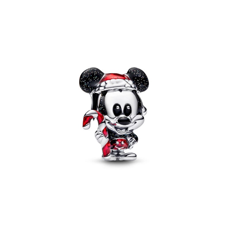 A shiny, metallic charm in the shape of a cartoon character, resembling Mickey Mouse, is shown against a white background.