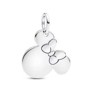A silver-colored charm in the shape of a Mickey Mouse with two bows.
