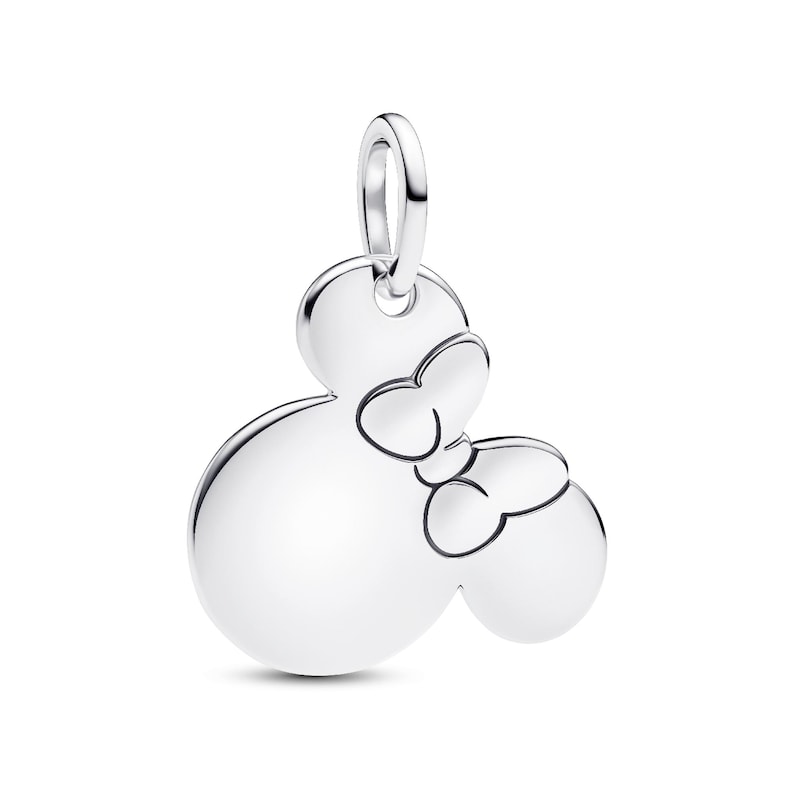 A silver-colored charm in the shape of a Mickey Mouse with two bows.