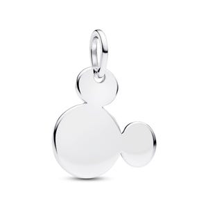 A silver-colored charm in the shape of a Mickey Mouse logo.