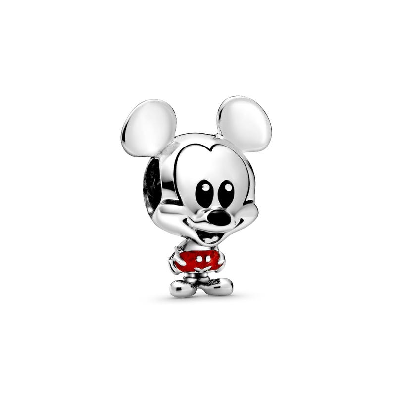 A silver-colored charm in the shape of a cartoon character, resembling Mickey Mouse.