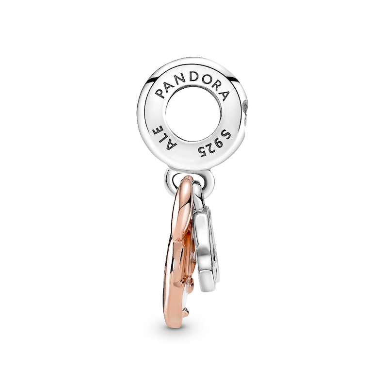 A silver-toned charm bracelet with a pendant and a charm attached to it.