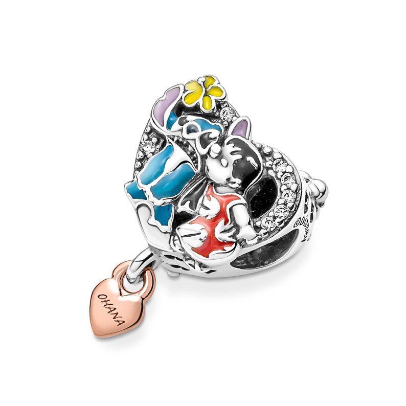 A silver-colored charm bracelet with a heart-shaped pendant featuring a Disney character and various colorful elements.