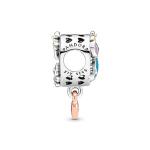 A silver-colored charm bracelet with a pendant featuring a floral design and the word "PANDORA" printed on it.