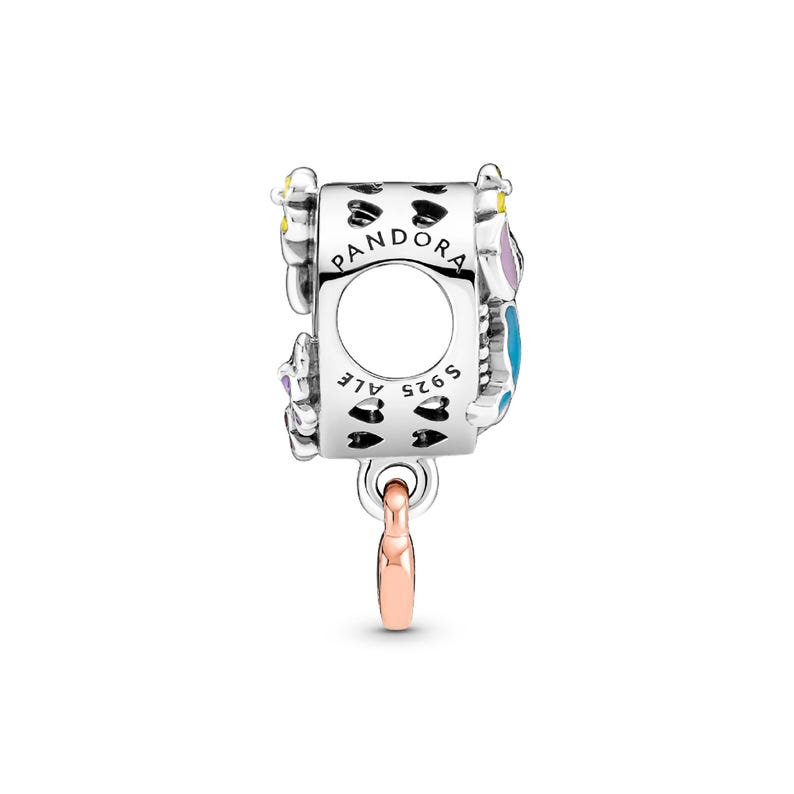 A silver-colored charm bracelet with a pendant featuring a floral design and the word "PANDORA" printed on it.