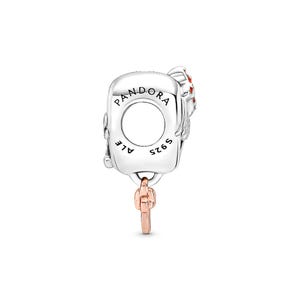 A silver-colored pendant with the word "PANDORA" engraved on it, along with a small rose charm hanging from the bottom.