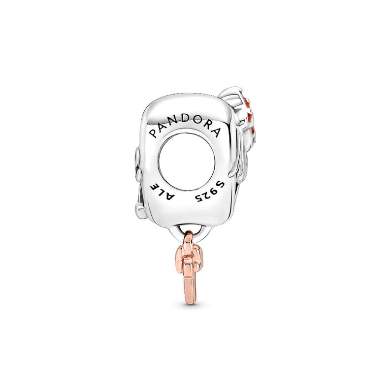 A silver-colored pendant with the word "PANDORA" engraved on it, along with a small rose charm hanging from the bottom.