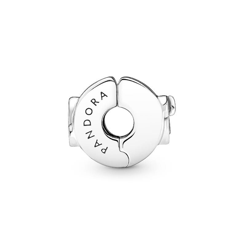 A silver-colored earring with the word "PANDORA" engraved on it.