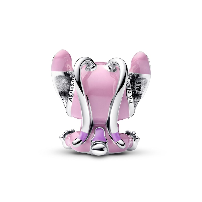 A pink and silver charm in the shape of a butterfly with the word "PANDORA" written on it.