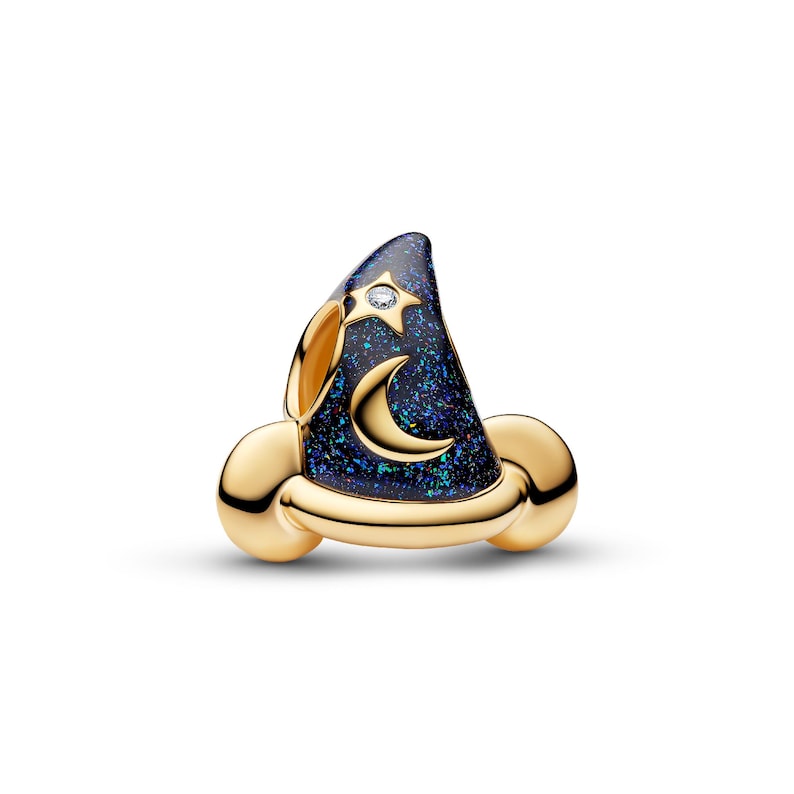 A gold-colored charm in the shape of a wizard hat with a blue glittery background and a crescent moon.