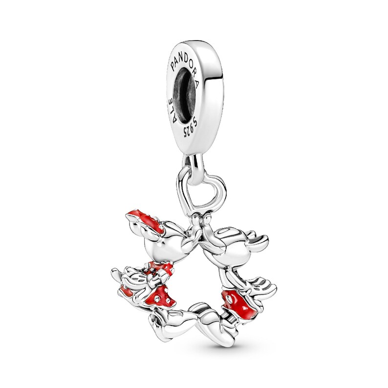 A silver-colored charm bracelet with a panda bear design and red accents.