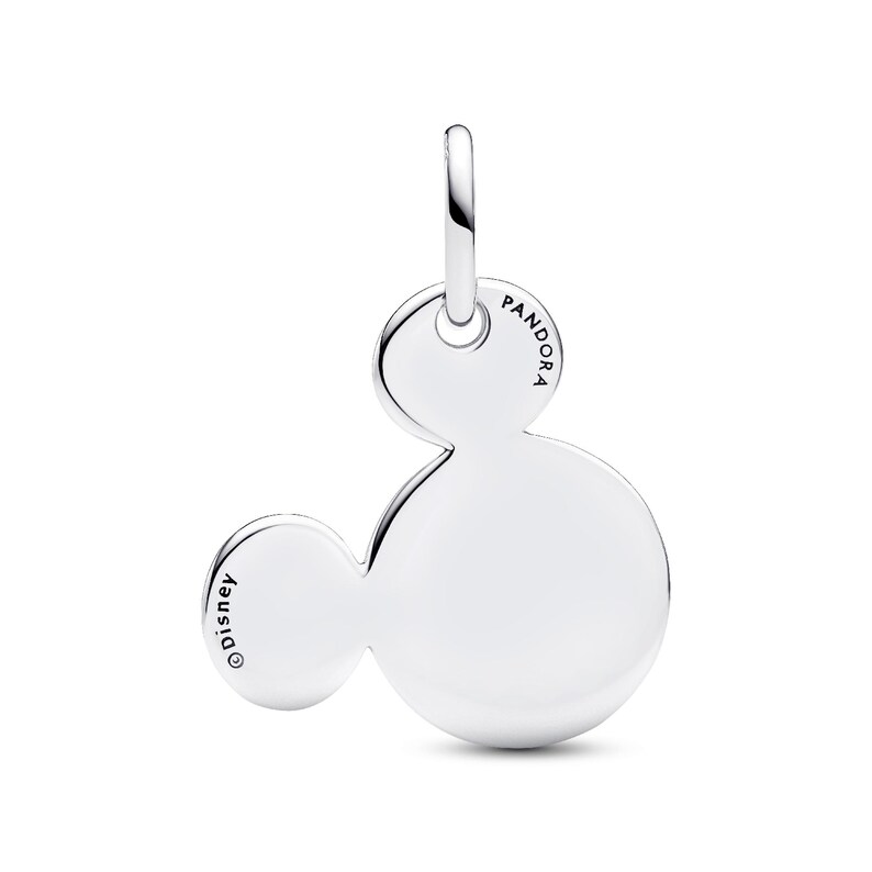 A silver-colored charm in the shape of a Mickey Mouse logo.