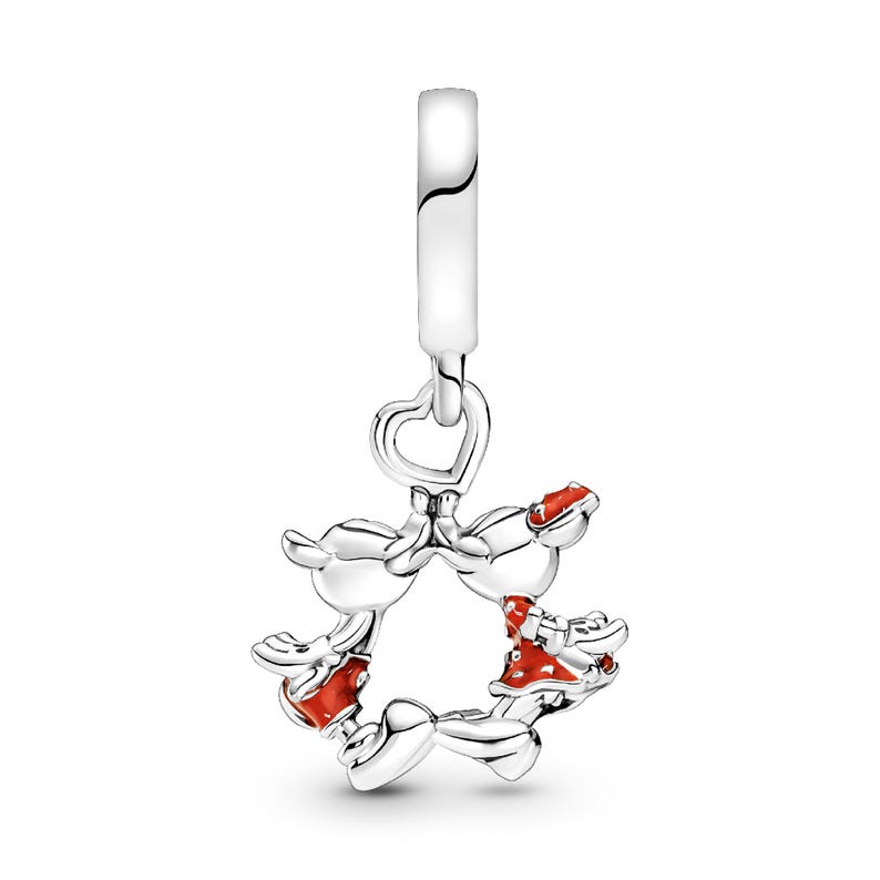 A silver charm bracelet with a heart-shaped clasp and a playful design featuring a character resembling Mickey Mouse.