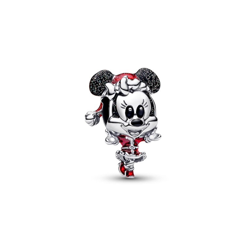 A Minnie Mouse charm in a red and silver color scheme, with glittery ears and a red bow on its head.