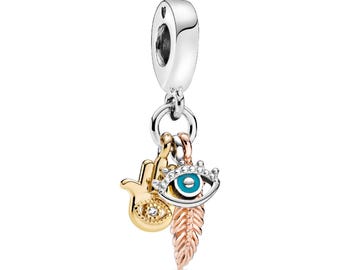 Hamsa Evil Eye Feather Charm Bracelet, All Seeing Jewelry, Pandora Style Bead