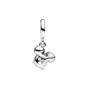 A silver-colored charm bracelet with a small, round charm in the shape of a heart.