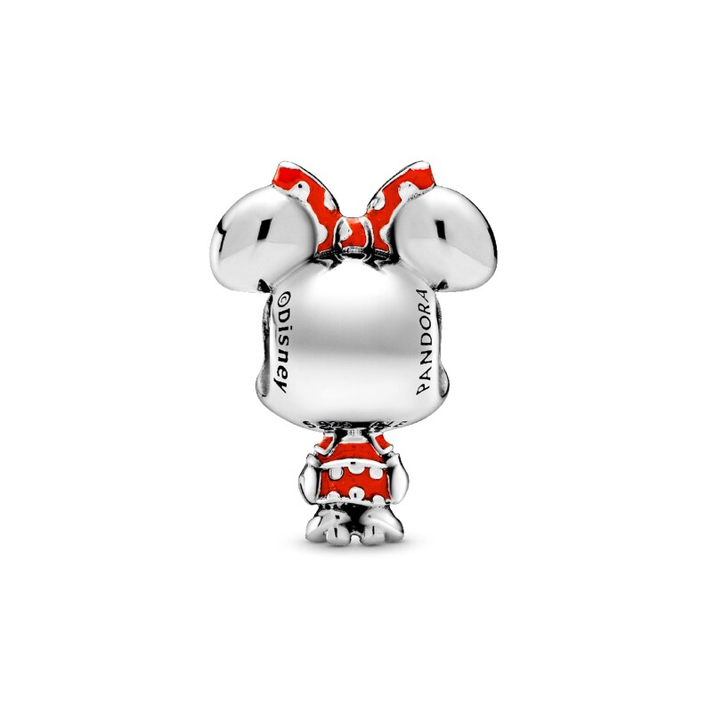 A silver charm in the shape of Minnie Mouse with a bow, featuring the word "Disney" on it.