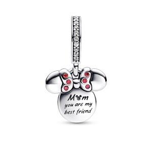 A silver charm bracelet with a pendant that says "Mom you are my best friend" and has a Minnie Mouse design.