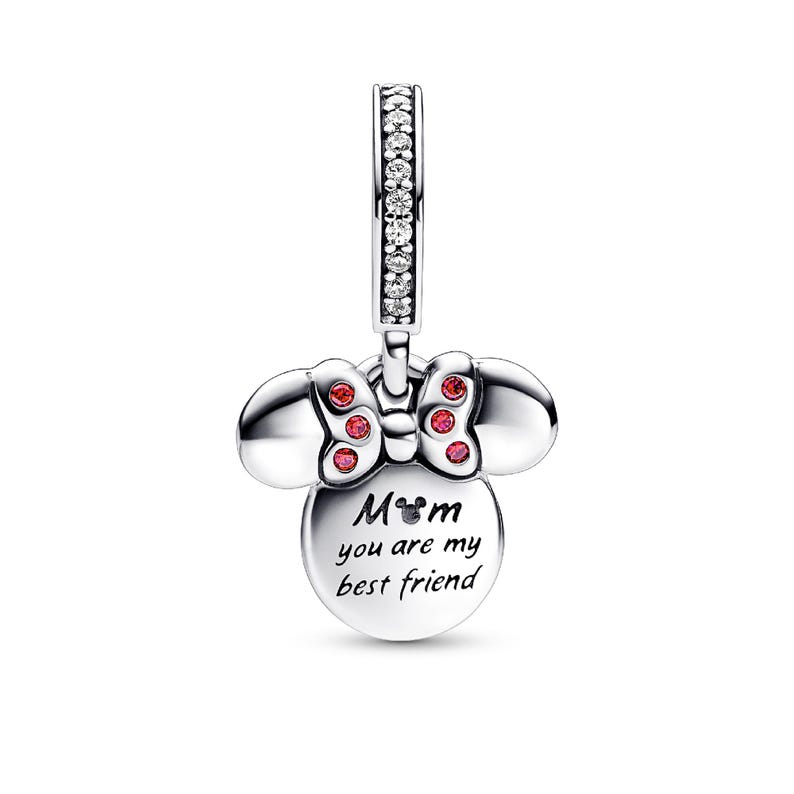 A silver charm bracelet with a pendant that says "Mom you are my best friend" and has a Minnie Mouse design.