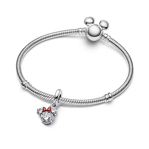 A silver bracelet with a charm featuring a Minnie Mouse design.