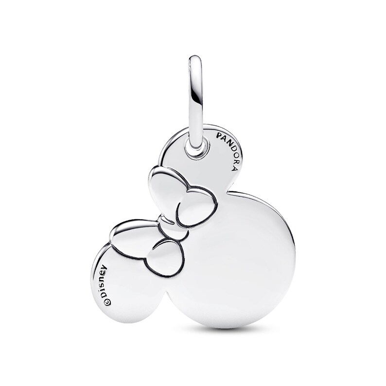 A silver-colored charm pendant in the shape of a Mickey Mouse, with the word "Disney" engraved on it.