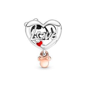 A heart-shaped charm with the word "Love" written on it, along with a small pink mouse charm hanging from it.
