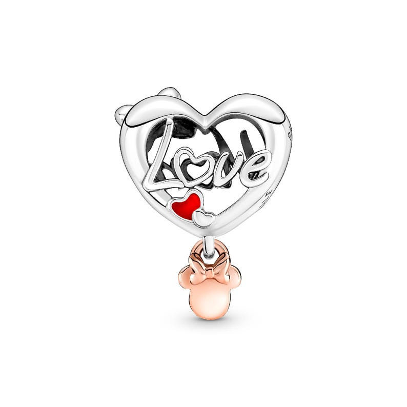 A heart-shaped charm with the word "Love" written on it, along with a small pink mouse charm hanging from it.