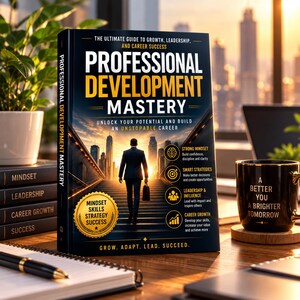 Può includere: Un libro con copertina rigida intitolato Professional Development Mastery con una copertina blu scuro che mostra una persona che cammina verso lo skyline di una città. La copertina include testo su crescita, leadership e successo professionale.