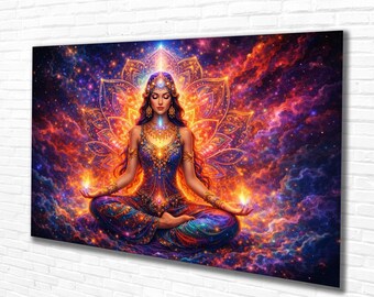 Tempered Glass Wall Art – Luxury Cosmic Meditation Goddess Artwork, Premium Tempered Glass Wall Decor for Modern Home