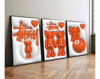 Lot de 3 affiches orange Hypebeast Kaws, art mural Hypebeast Companion, impressions numériques de rue, graffiti art, art jouet baskets, téléchargement numérique