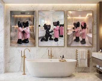 Set of 3 Pink KAWS Companion Style Bathroom Wall Art,Shower & Washroom Decor,Hypebeast Graffiti Prints,Modern Bath Poster,Digital Download