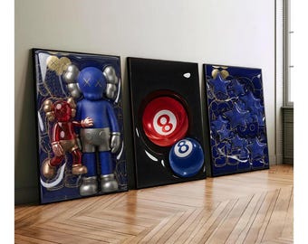 KAWS Graffiti Poster Set of 3,Hypebeast Wall Art,Sneaker Wall Art,KAWS Figure,Minimalist Art,Bedroom Decore,Blue Kaws Toy,Digital Download
