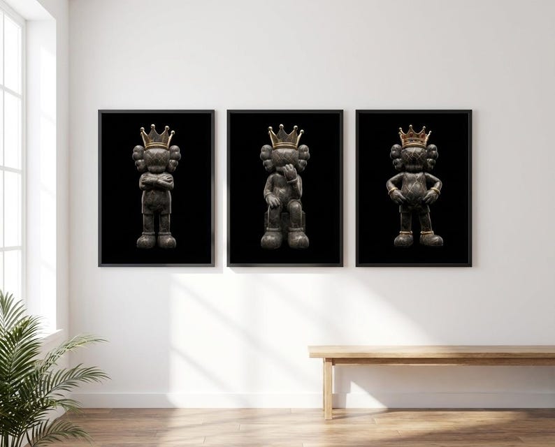 Set di 3 poster neri di KAWS, decorazioni murali in stile graffiti hypebeast, stampe minimaliste, street art, personaggio di KAWS, regalo per amanti delle sneaker, download digitale. immagine 6