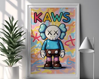 Poster di arte murale Kaws, arte murale Hypebeast, stampa di graffiti cartoon, decorazione in vinile urbano, poster di street art, decorazione per la stanza della dopamina, arte