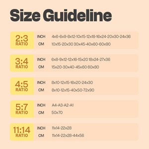 May include: A size guideline chart with the title "Size Guideline" in bold, dark text. The chart lists various aspect ratios (2:3, 3:4, 4:5, 5:7, 11:14) with corresponding inch and centimetre measurements for print sizes.