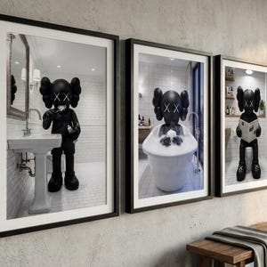 KAWS Bathroom Wall Art Set of 3,Black Shower Poster,Hypebeast Washroom Decor,Modern KAWS Prints,Luxury Bathroom Wall Decor,Digital Download image 5