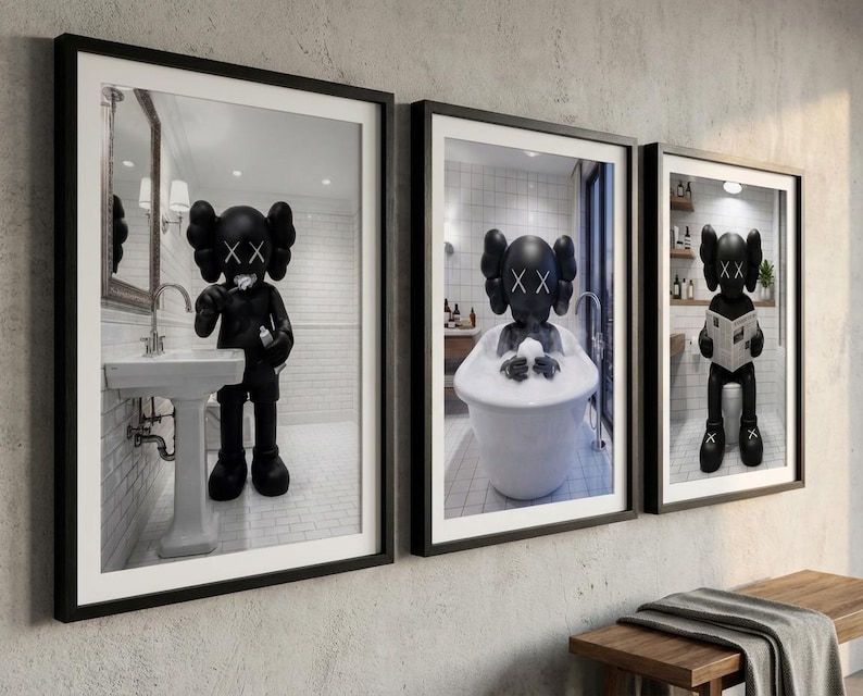 KAWS Bathroom Wall Art Set of 3,Black Shower Poster,Hypebeast Washroom Decor,Modern KAWS Prints,Luxury Bathroom Wall Decor,Digital Download image 5