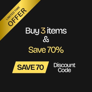May include: Black background with a gold diagonal banner that reads "LIMITED TIME OFFER". The text "Buy 3 items & Save 70%" is in white and gold. A yellow banner reads "SAVE 70" with "Discount Code" below.