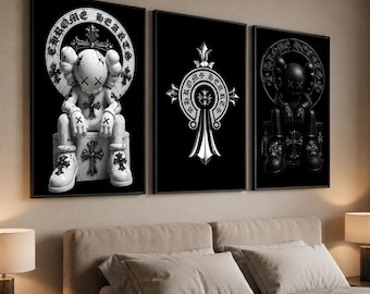 Chrome Hearts Hypebeast Kaws Wall Art Set of 3, Graffiti Poster,Trendy Living Room Decor, Retro Wall Art,Dopamine Decor,Digital Download