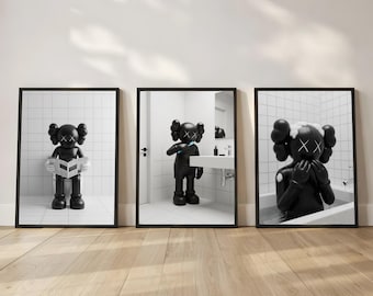 Set di 3 stampe da parete per bagno KAWS, poster nero per doccia, decorazioni per bagno Hypebeast, stampe KAWS moderne, decorazioni da parete per bagno di lusso, download digitale