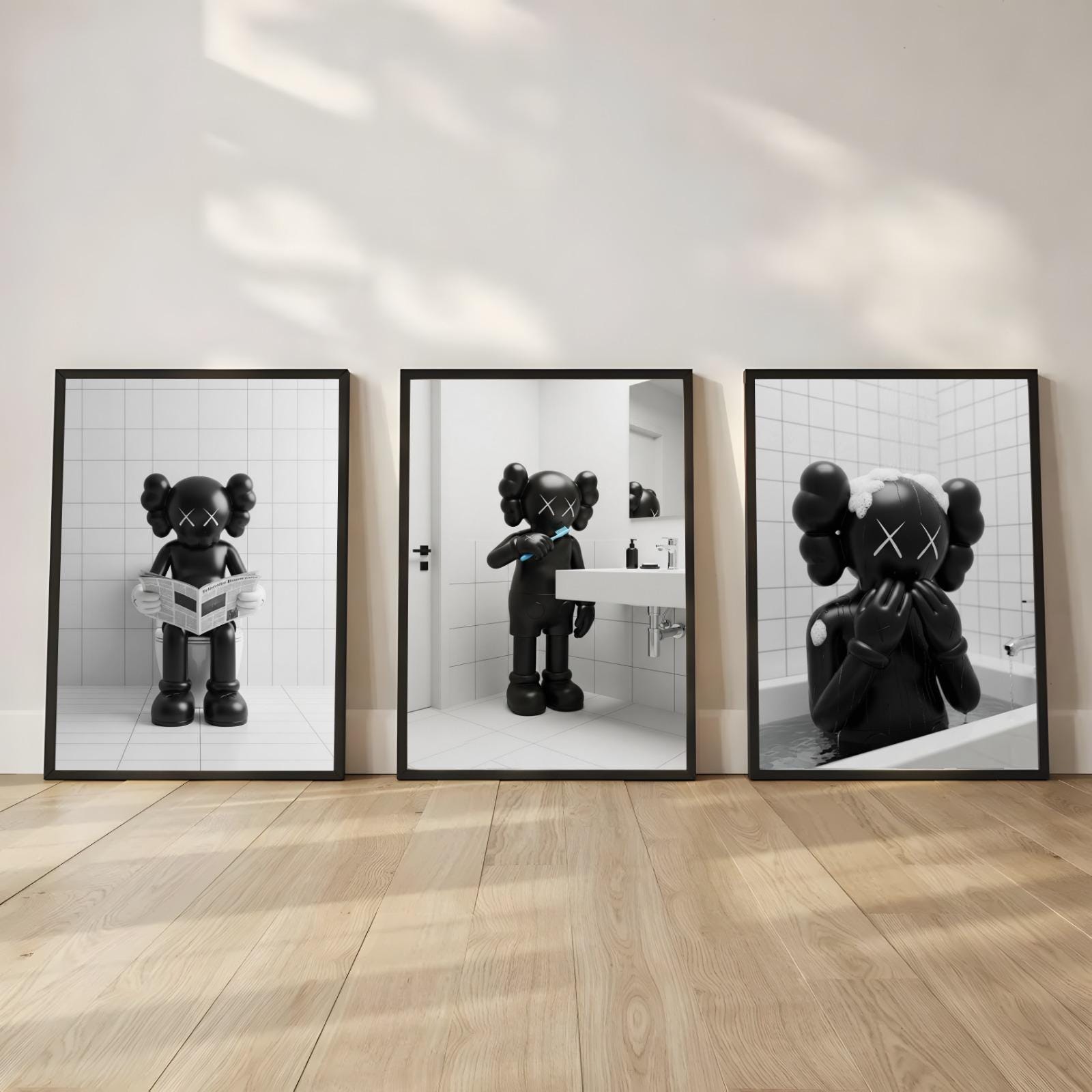 KAWS Bathroom Wall Art Set of 3,black Shower Poster,hypebeast