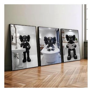 KAWS Bathroom Wall Art Set of 3,Black Shower Poster,Hypebeast Washroom Decor,Modern KAWS Prints,Luxury Bathroom Wall Decor,Digital Download