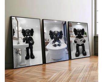 KAWS Bathroom Wall Art Set of 3,Black Shower Poster,Hypebeast Washroom Decor,Modern KAWS Prints,Luxury Bathroom Wall Decor,Digital Download