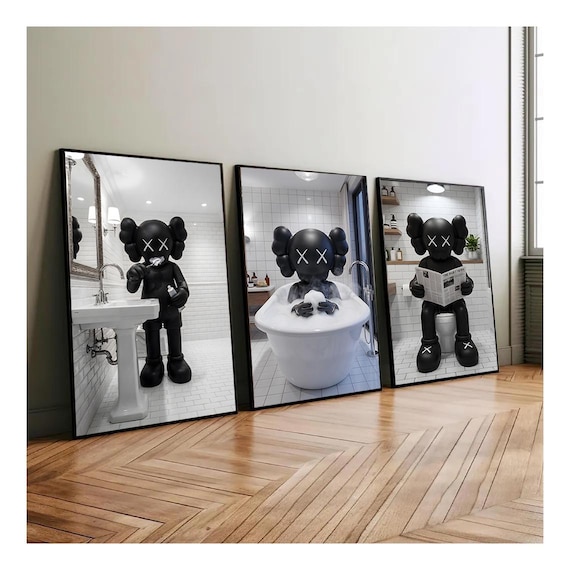 KAWS Bathroom Wall Art Set of 3,Black Shower Poster,Hypebeast Washroom Decor,Modern KAWS Prints,Luxury Bathroom Wall Decor,Digital Download