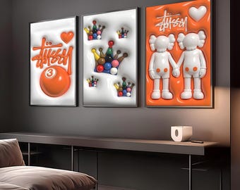 Orange Kaws Hypebeast lot de 3, art mural graffiti, impressions Street Art, affiche de jouet de Style compagnon urbain minimaliste, téléchargement numérique Hypebeast