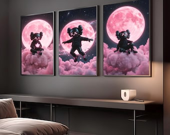 Set di 3 poster graffiti KAWS, Hypebeast Wall Art, Sneaker Wall Art, Figura KAWS, Arte minimalista, Decorazione per camera da letto, Download digitale KAWS Black Moon