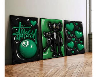 KAWS Graffiti Poster Set of 3,Hypebeast Wall Art,Sneaker Wall Art,KAWS Figure,Minimalist Art,Bedroom Decore,Green KAWS Digital Download