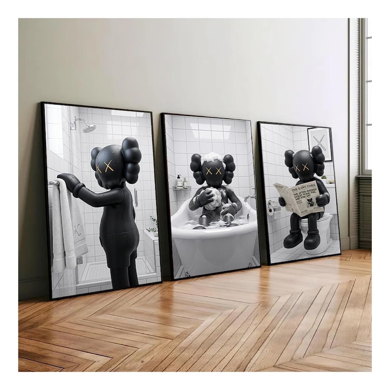 Black Bath Kaws Wall Art Set of 3, Hypebeast Shower Art Prints,Graffiti Toilet Poster,Minimalist Figure Design,Restroom Art,Digital Download image 1